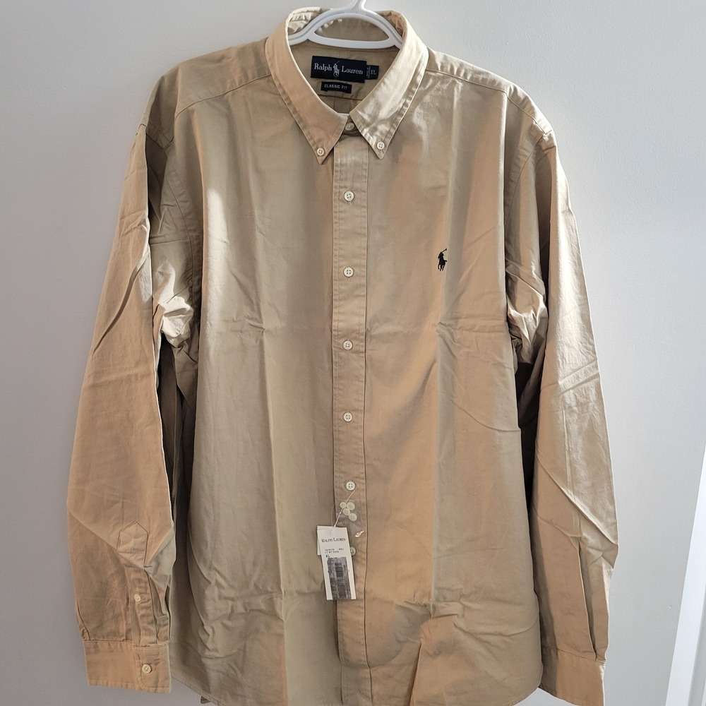 NWT Ralph Lauren Classic Fit Long Sleeve Button Down Shirt Men's Size XL Beige